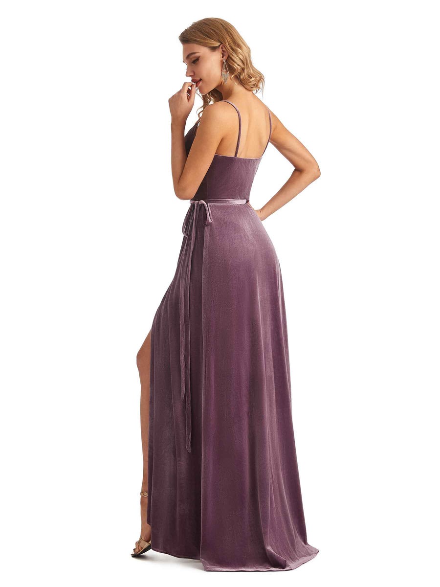 Spaghetti Straps A-line Velvet V-neck High Slit Maxi Long Bridesmaid Dresses Online