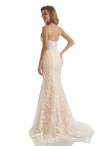 Lace Mermaid Applique Spaghetti Straps V-neck Long Wedding Dresses