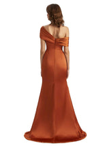 Asymmetrical Sexy Side Slit Mermaid Silky Satin Unique Long Bridesmaid Dress For Wedding