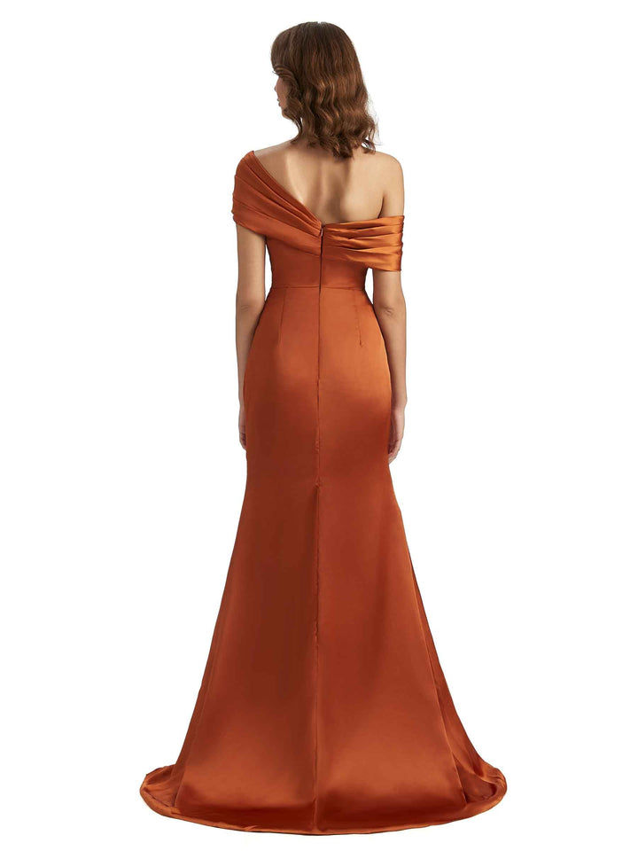 Asymmetrical Sexy Side Slit Mermaid Silky Satin Unique Long Bridesmaid Dress For Wedding
