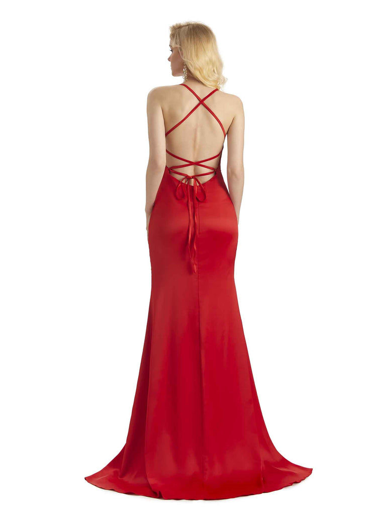 Sexy Criss Cross Mermaid Spaghetti Straps V-Neck Long Satin Bridesmaid Dresses Online