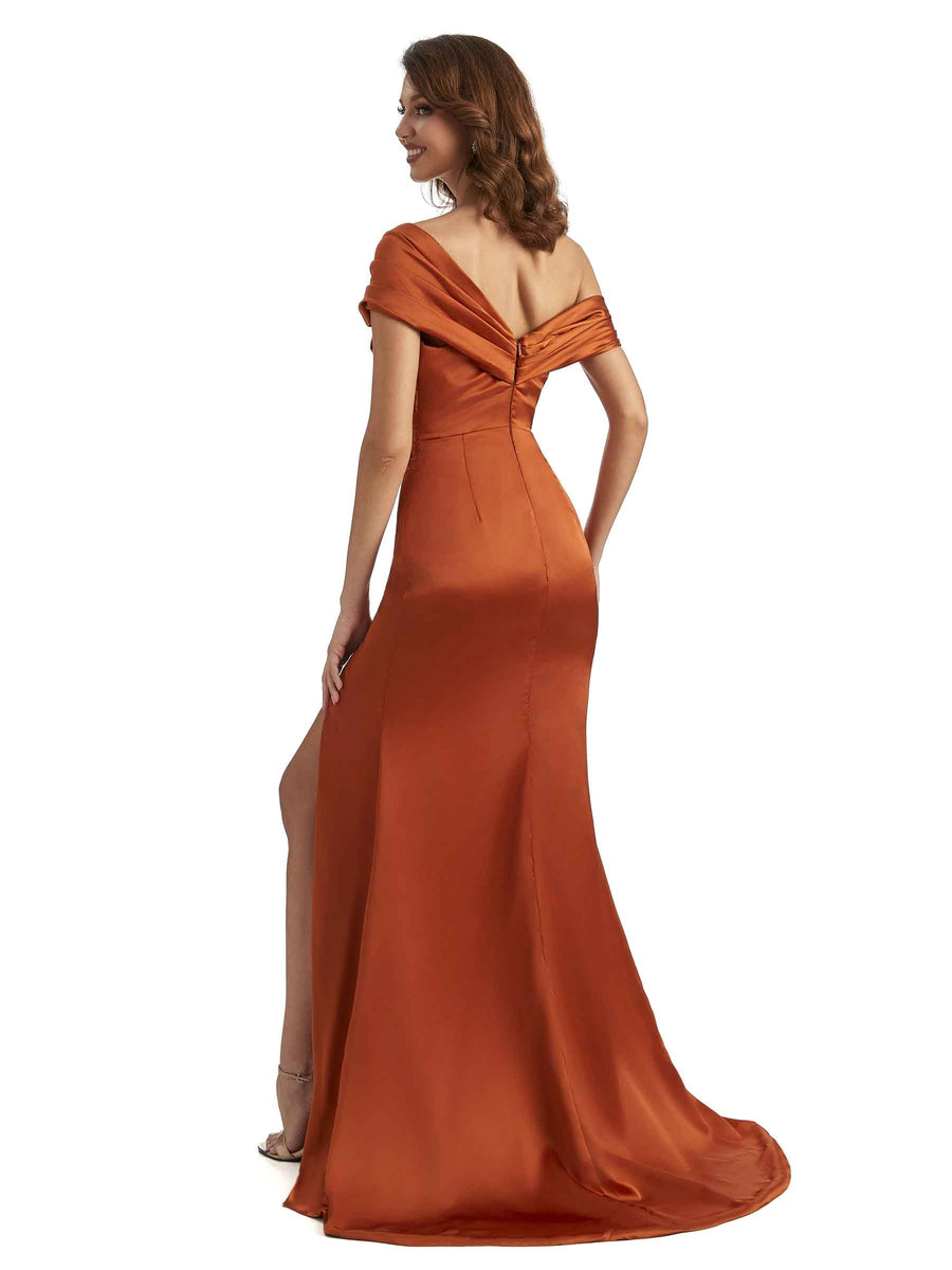 Asymmetrical Sexy Side Slit Mermaid Silky Satin Unique Long Bridesmaid Dress For Wedding