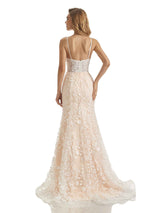 Lace Mermaid Applique Spaghetti Straps V-neck Long Wedding Dresses