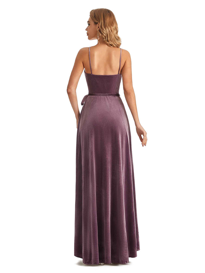 Elegant Winter A-line Velvet V-neck High Slit Maxi Long Evening Formal Dresses