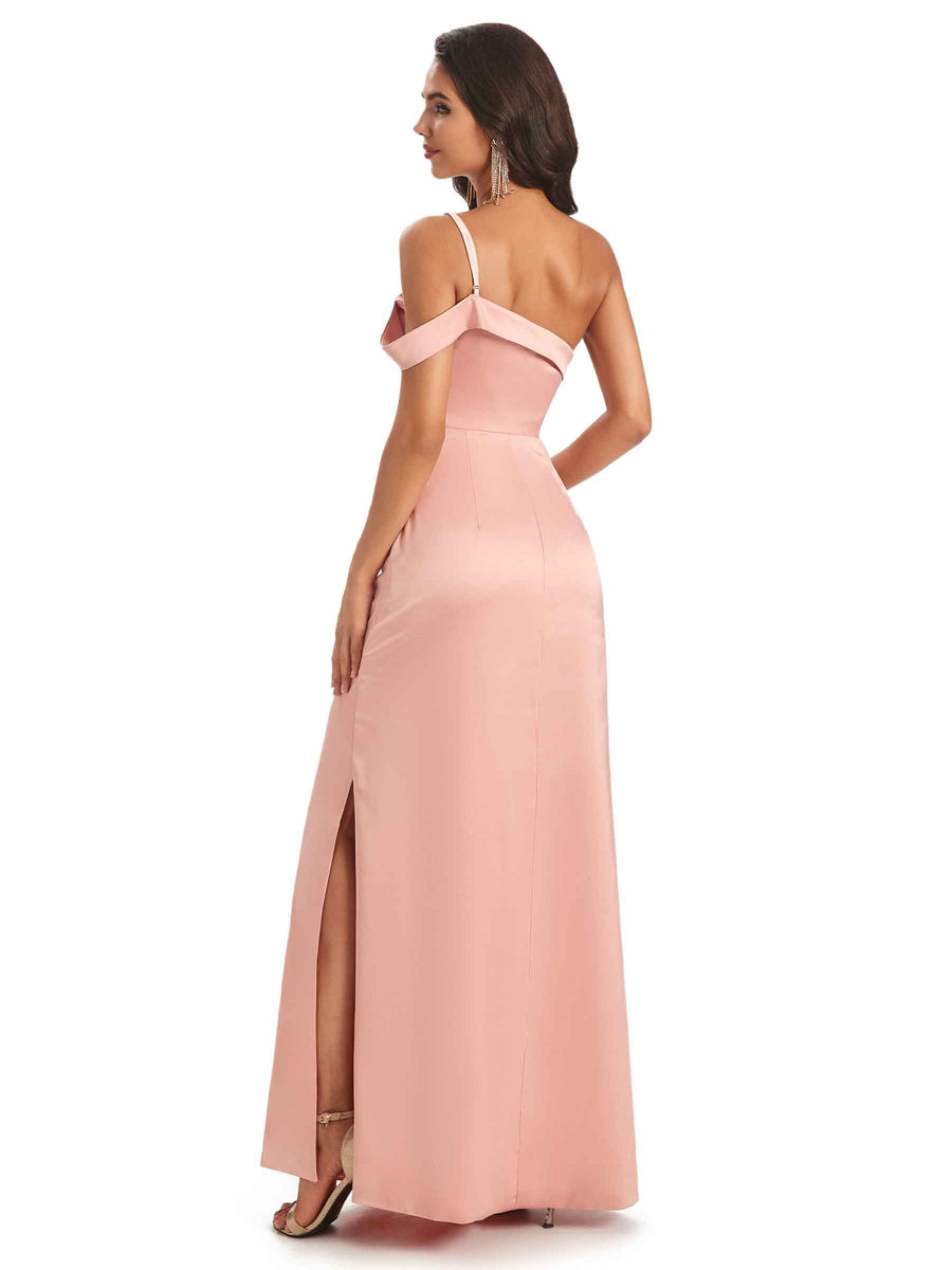 Sexy Soft Satin Side Slit One Shoulder Unique Long Bridesmaid Dresses in stock