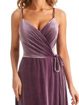 Elegant Winter A-line Velvet V-neck High Slit Maxi Long Evening Formal Dresses