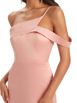Sexy Soft Satin Side Slit One Shoulder Unique Long Bridesmaid Dresses Online