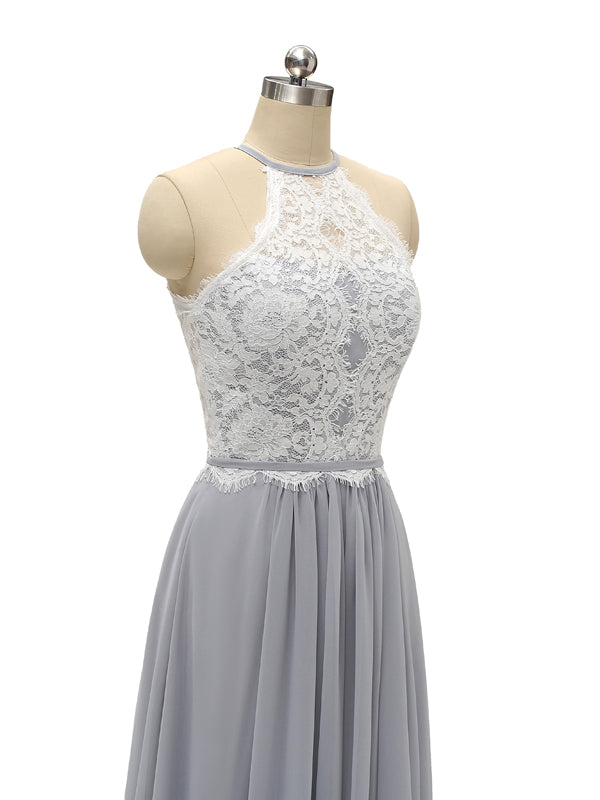 Top Lace Halter Chiffon Floor Length Bridesmaid Dresses