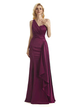 Elegant One Shoulder Soft Satin Long Mermaid Satin Dress For Women With Waist Drape