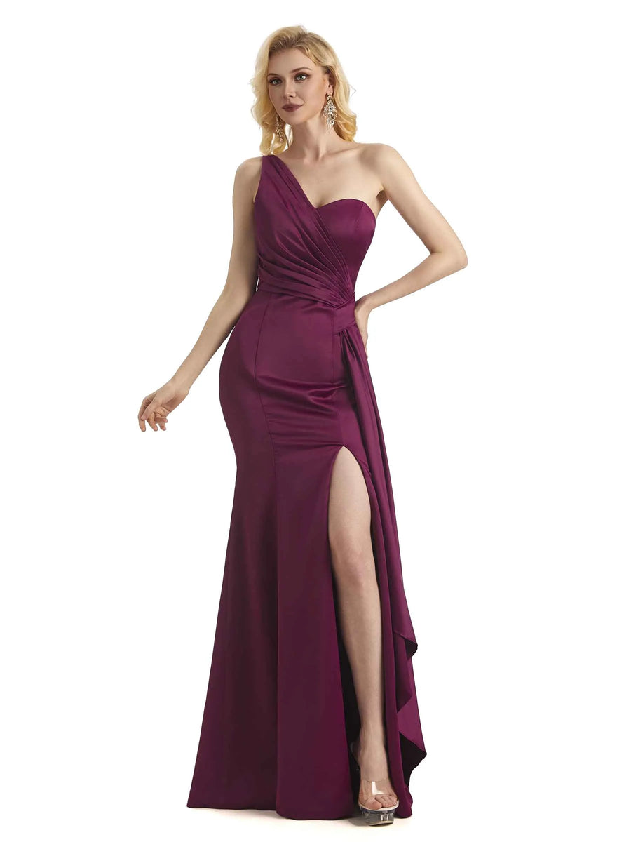 Elegant One Shoulder Soft Satin Long Mermaid Fomral Prom Dresses Online