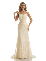 Champagne Sexy Lace Mermaid Spaghetti Straps Butterfly Long Formal Prom Dresses Online