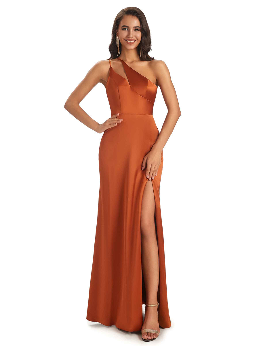 Sexy Soft Satin Side Slit One Shoulder Floor-Length Mermaid Long Bridesmaid Dresses Online