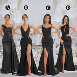Mismatched Black Sexy Side Slit Mermaid Soft Satin Long Bridesmaid Dresses Online