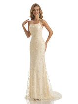 Champagne Sexy Lace Mermaid Spaghetti Straps Butterfly Long Formal Prom Dresses Online