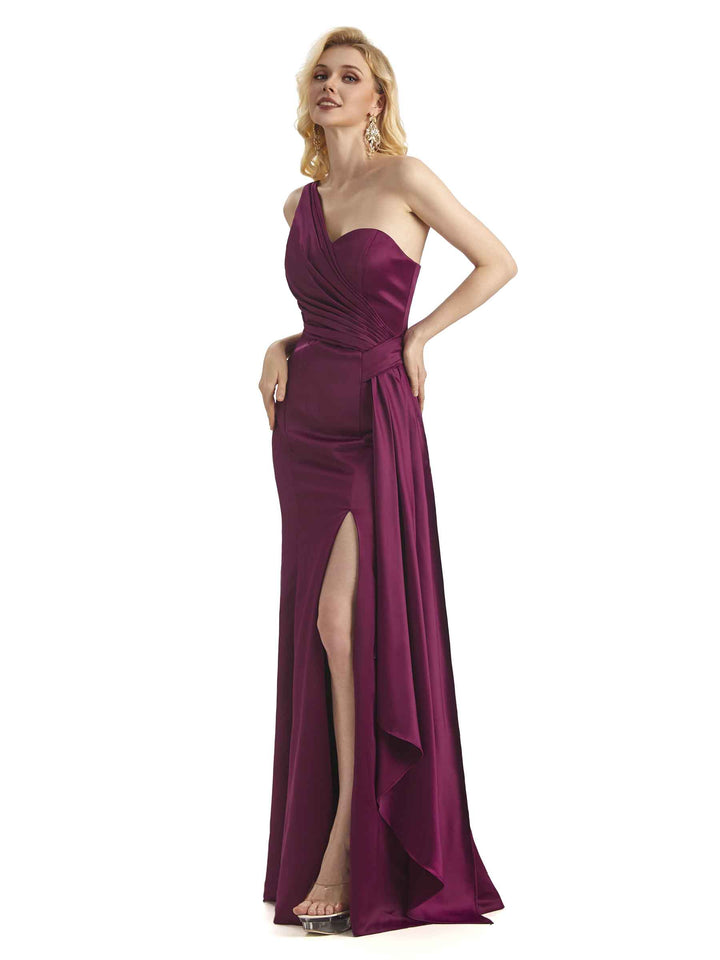 Elegant One Shoulder Soft Satin Long Mermaid Satin Dress For Women With Waist Drape