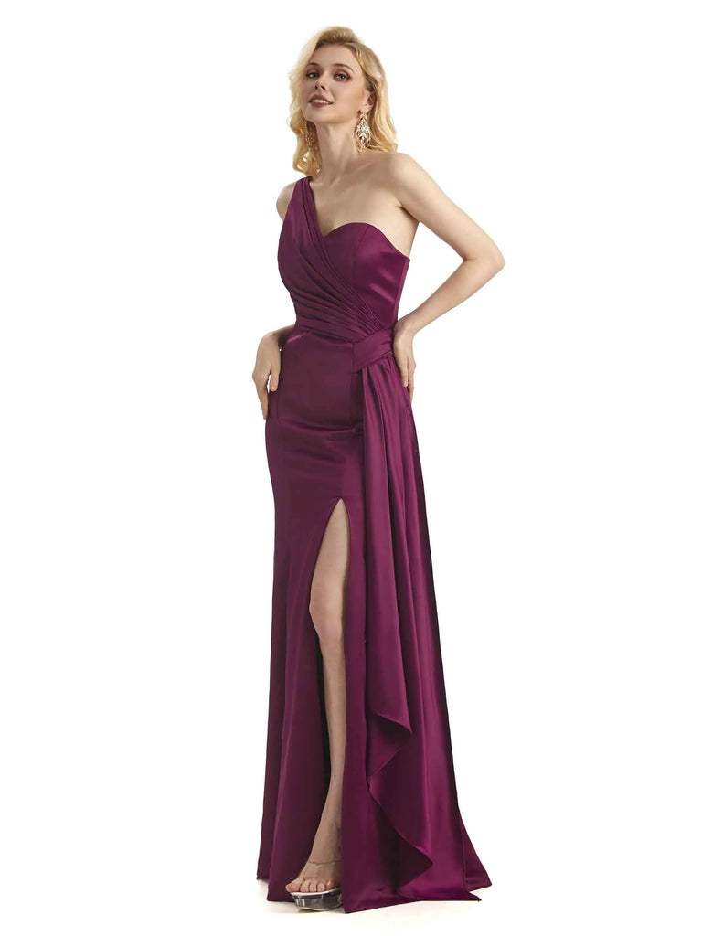 Elegant One Shoulder Soft Satin Long Mermaid Fomral Prom Dresses Online ...