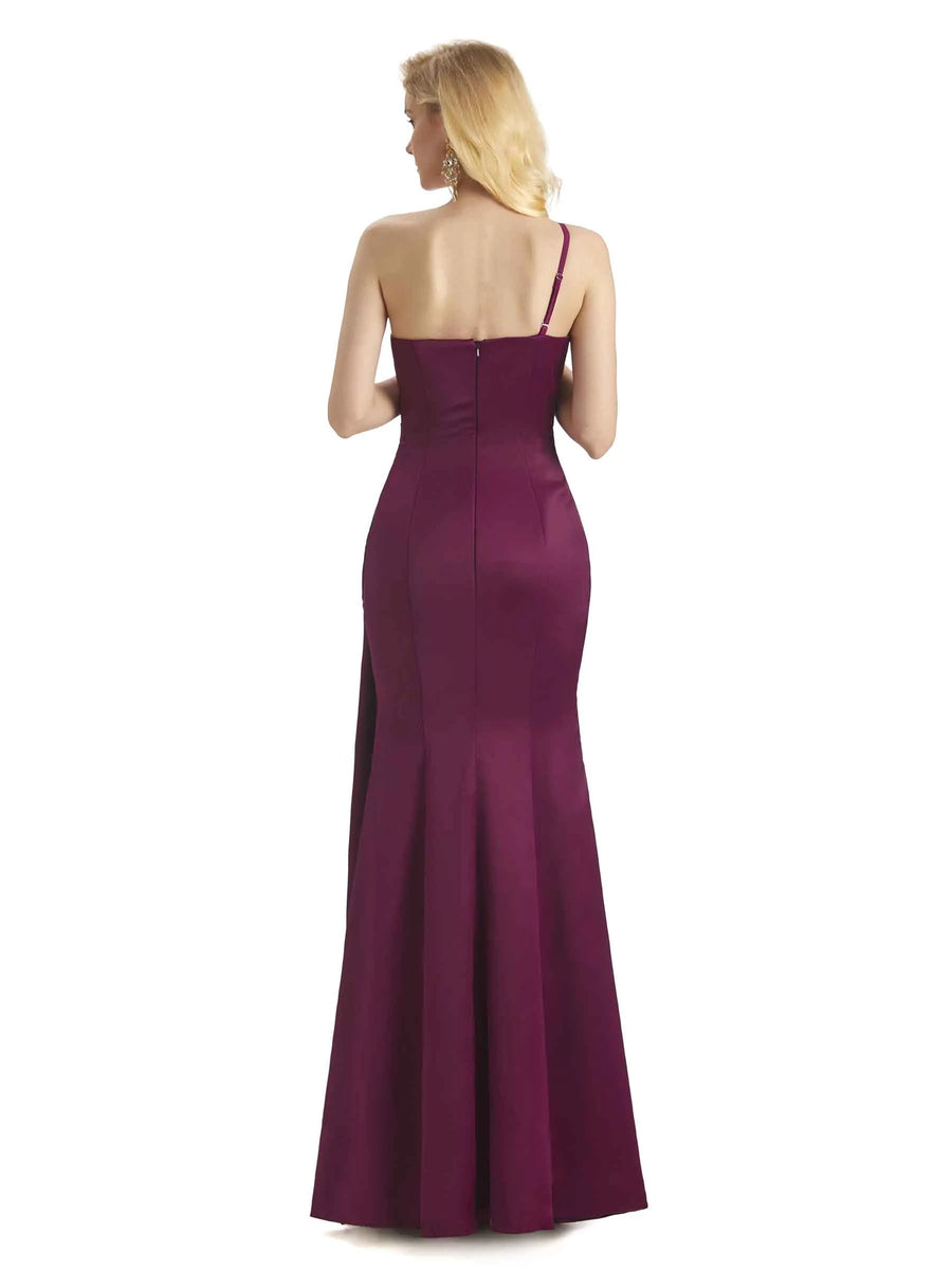 Elegant One Shoulder Soft Satin Long Mermaid Fomral Prom Dresses Online