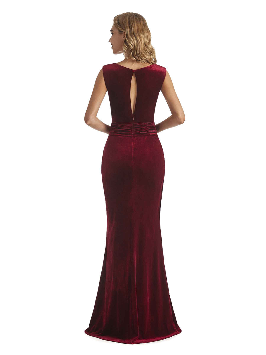 Elegant Mermaid Jewel Unique Velvet Long Bridesmaid Dresses Online