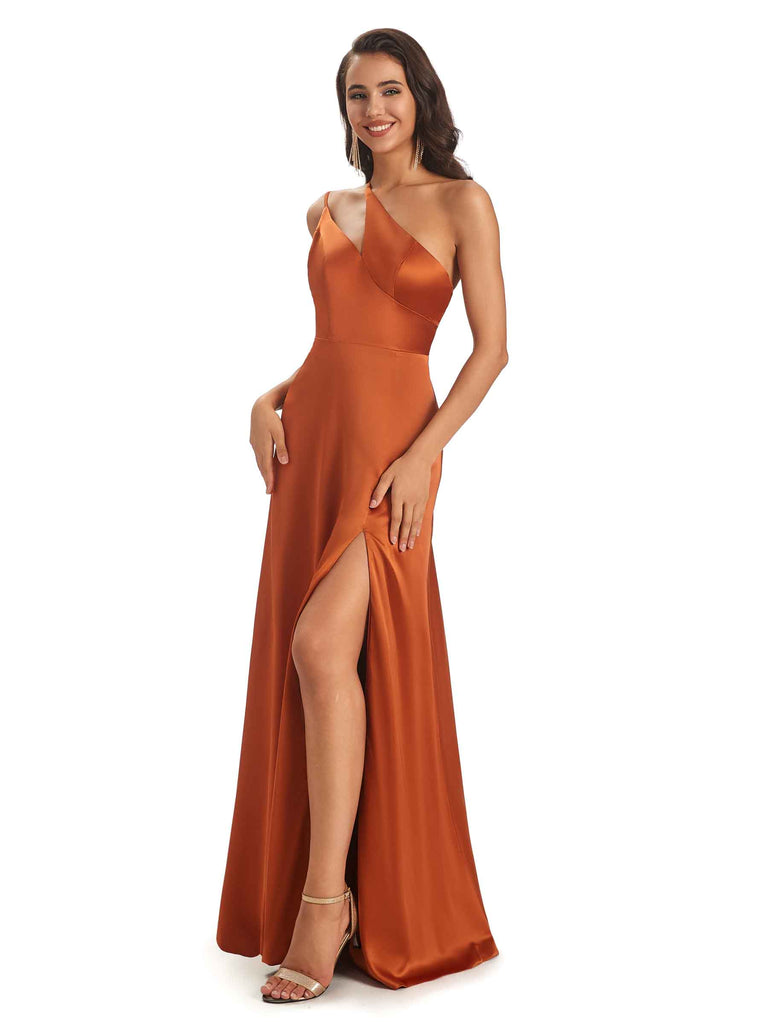 Sexy Soft Satin Side Slit One Shoulder Floor-Length Mermaid Long Bridesmaid Dresses Online