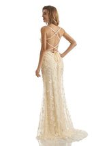 Champagne Sexy Lace Mermaid Spaghetti Straps Butterfly Long Formal Prom Dresses Online