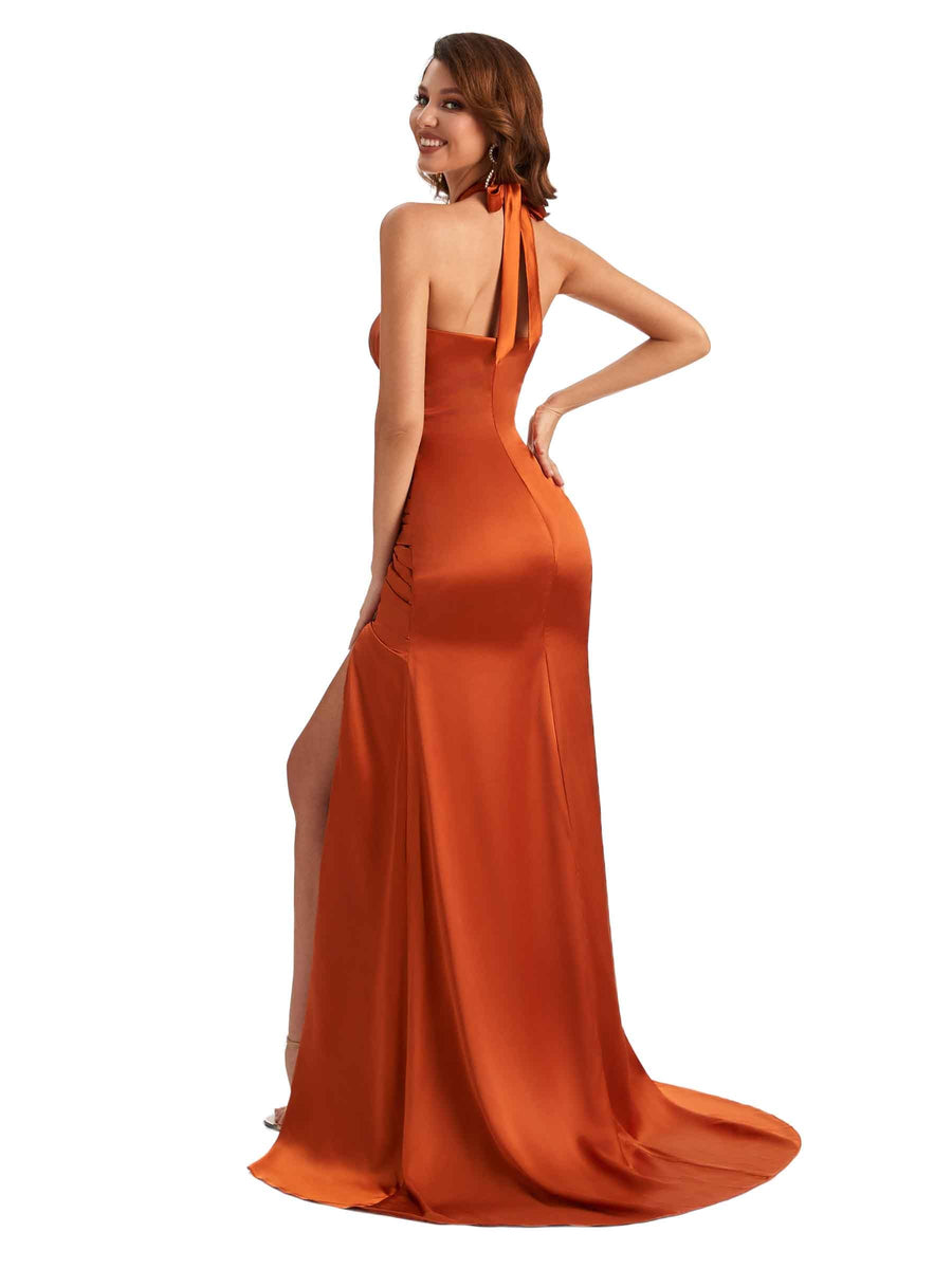 Halter Side slit Mermaid Silky Satin Unique Long Bridesmaid Dress For Wedding