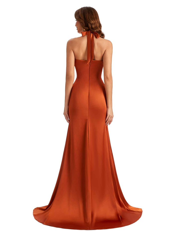 Halter Side slit Mermaid Silky Satin Unique Long Bridesmaid Dress For Wedding