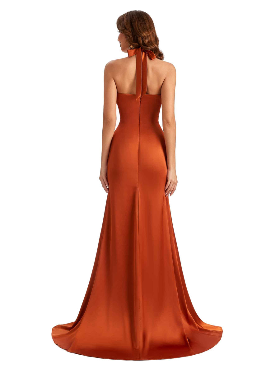 Halter Side slit Mermaid Silky Satin Unique Long Bridesmaid Dress For Wedding