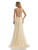 Champagne Sexy Lace Mermaid Spaghetti Straps Butterfly Long Formal Prom Dresses Online