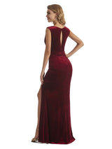 Elegant Mermaid Scoop Unique Velvet Long Wedding Guest Dresses