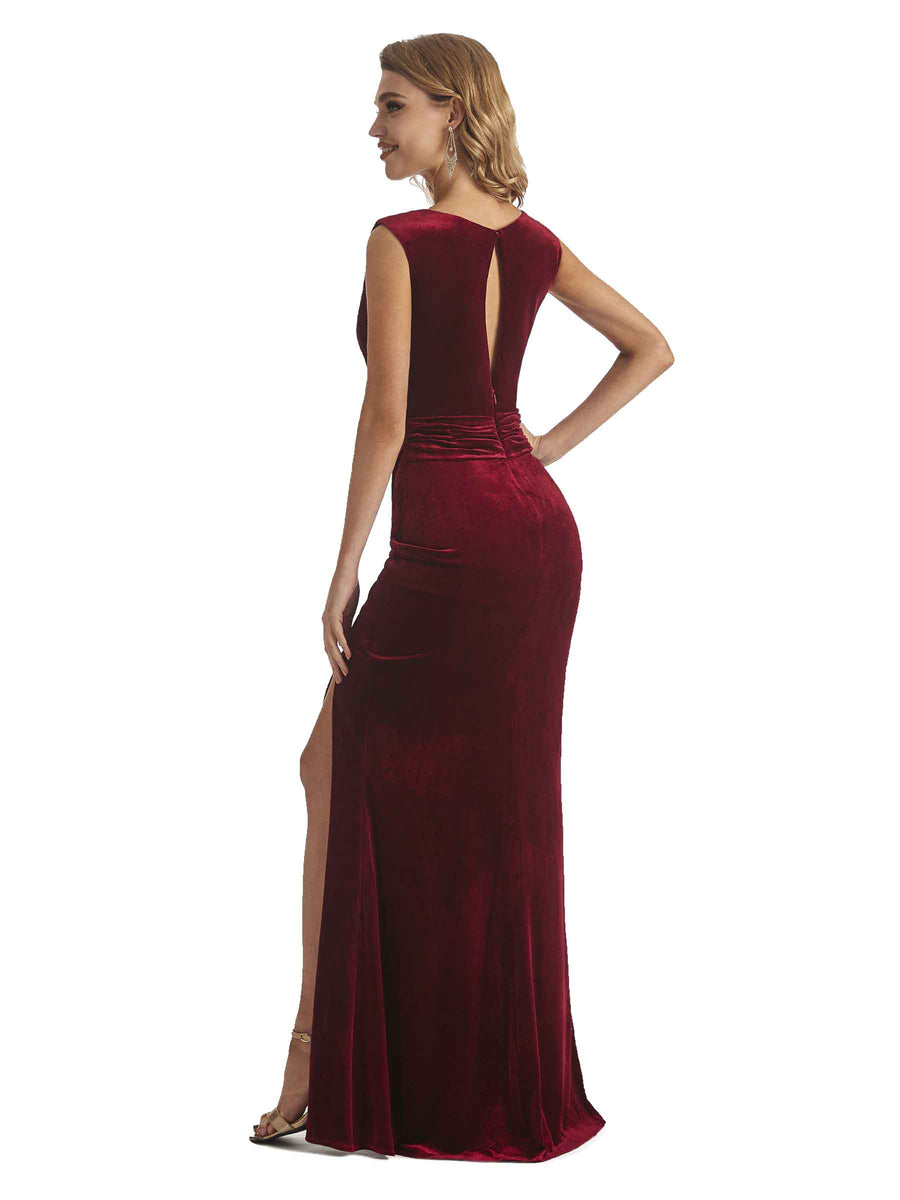 Elegant Mermaid Jewel Unique Velvet Long Bridesmaid Dresses Online