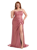 Plus Size Sexy Spaghetti Straps Side Slit Mermaid Soft Satin Long Bridesmaid Dress