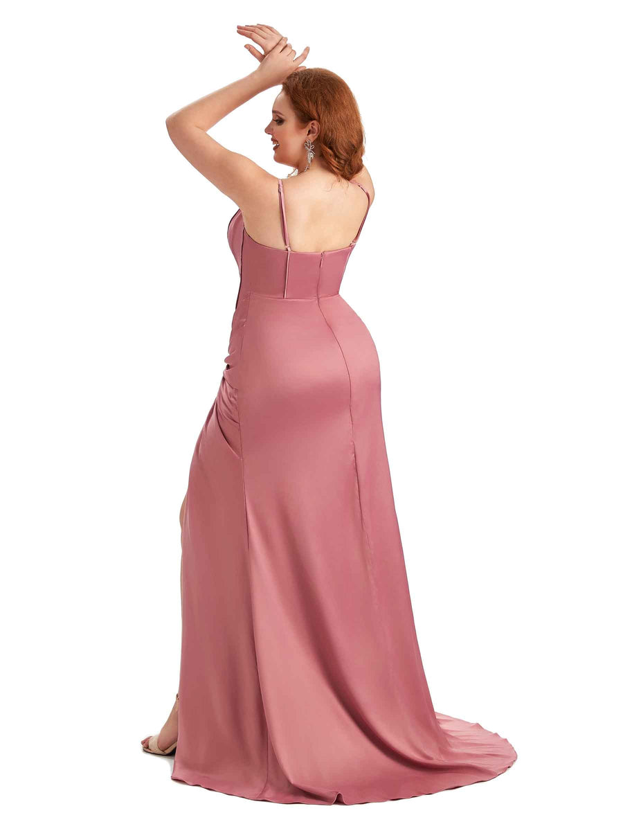 Plus Size Sexy Spaghetti Straps Side Slit Mermaid Soft Satin Long Bridesmaid Dress