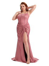 Plus Size Sexy Spaghetti Straps Side Slit Mermaid Soft Satin Long Bridesmaid Dress
