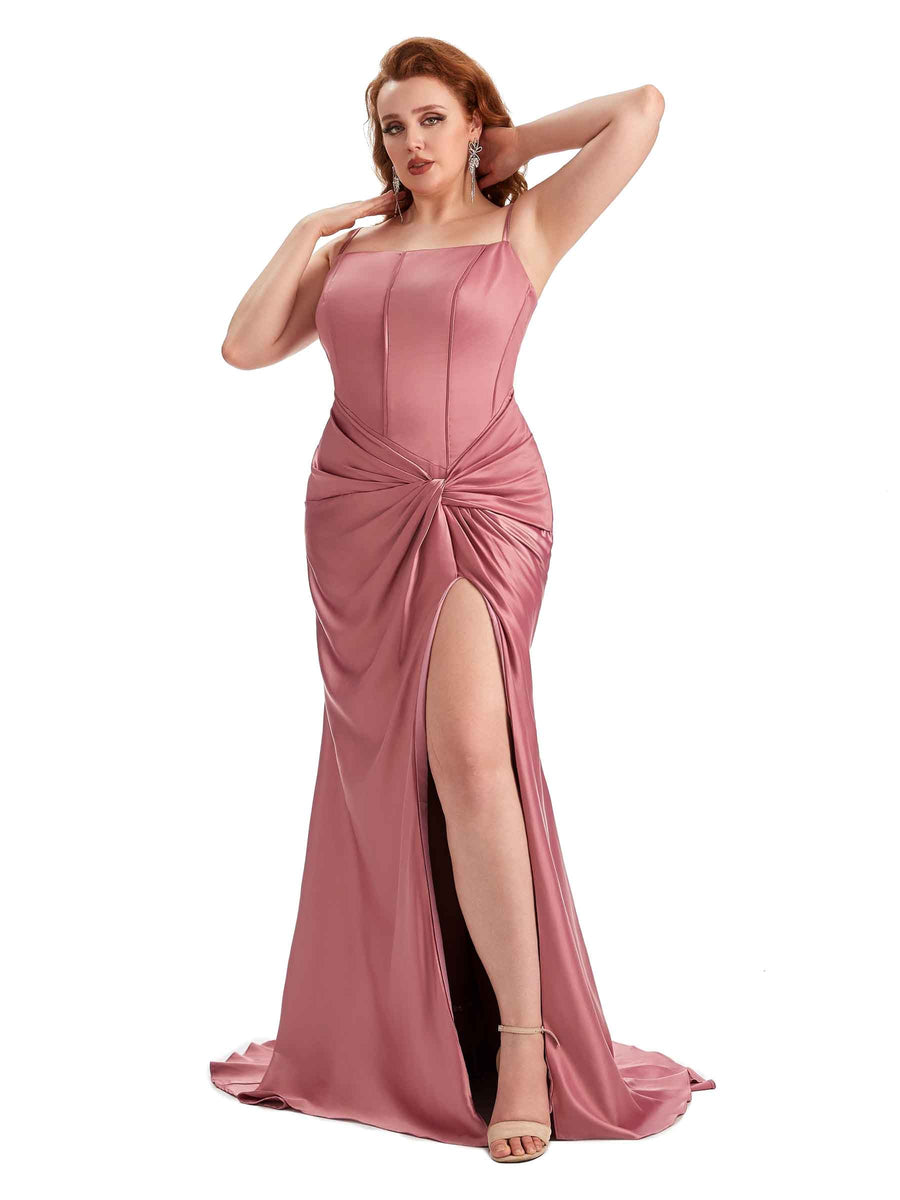 Plus Size Sexy Spaghetti Straps Side Slit Mermaid Soft Satin Long Bridesmaid Dress
