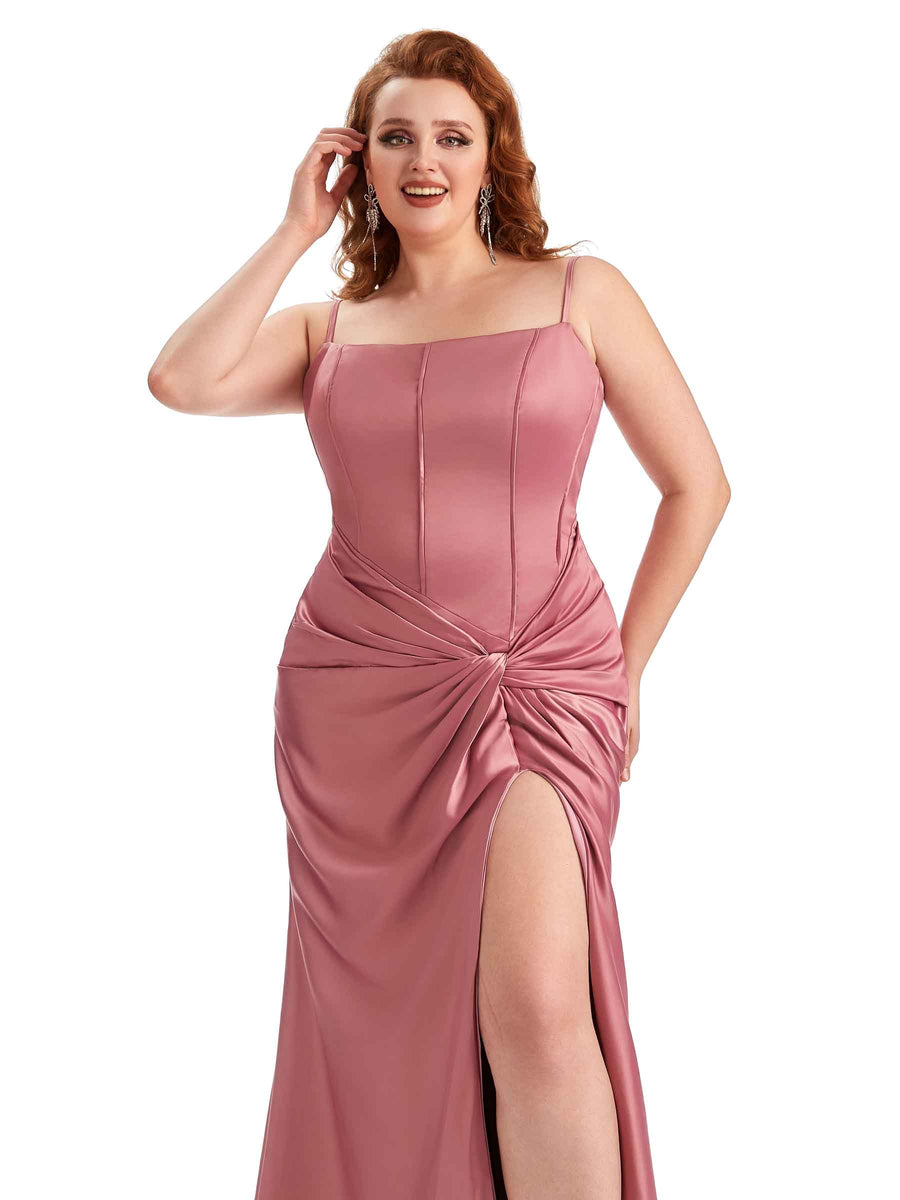Plus Size Sexy Spaghetti Straps Side Slit Mermaid Soft Satin Long Bridesmaid Dress