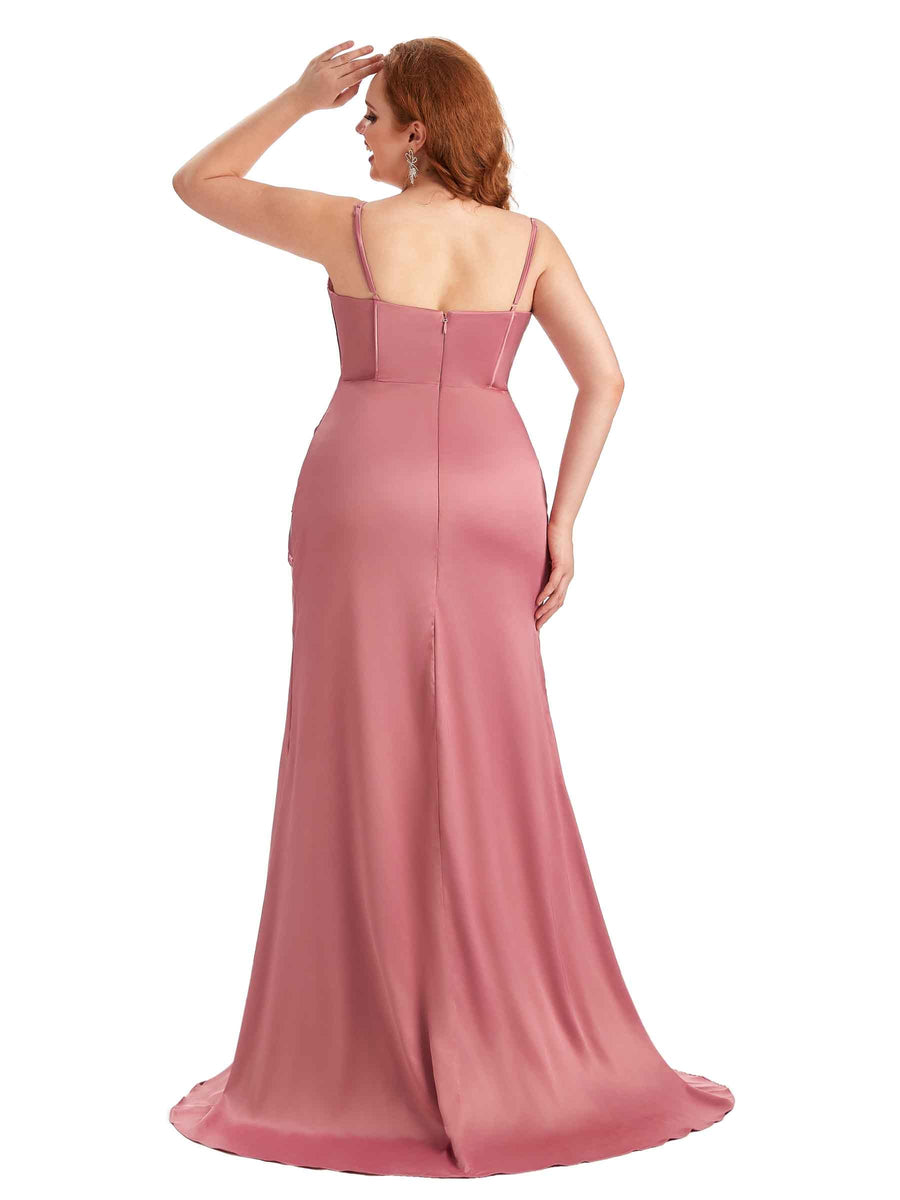 Plus Size Sexy Spaghetti Straps Side Slit Mermaid Soft Satin Long Bridesmaid Dress