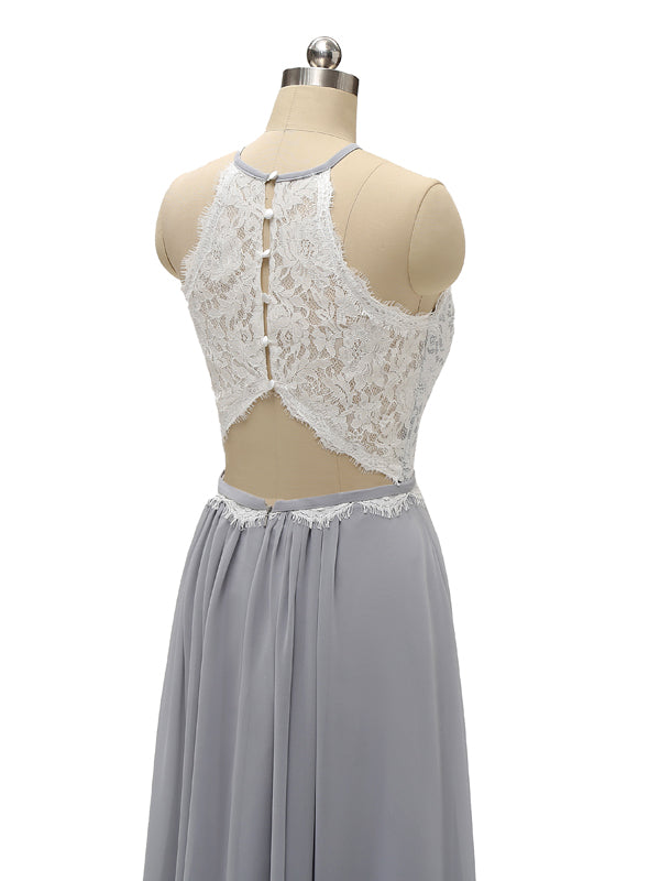 Top Lace Halter Chiffon Floor Length Bridesmaid Dresses