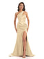Sexy Soft Satin Side Slit One Shoulder Long Maxi Mermaid Bridesmaid Dresses