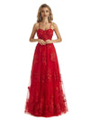 Red Lace A-line Applique Spaghetti Straps Floor-length Long Graduation Prom Dresses