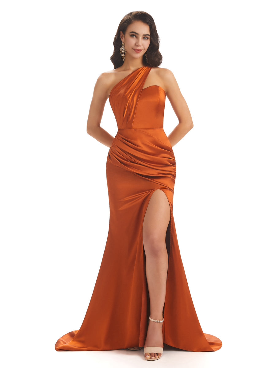 Sexy Soft Satin Side Slit One Shoulder Long Maxi Mermaid Bridesmaid Dresses