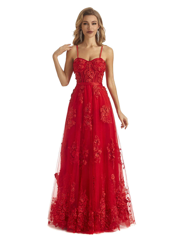 Red Lace A-line Applique Spaghetti Straps Floor-length Long Graduation Prom Dresses