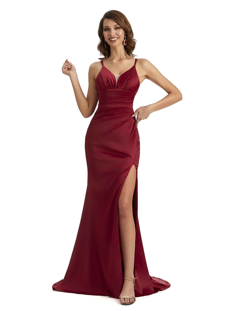 Sexy Side Slit Mermaid Satin Spaghetti Straps Unique Wedding Clothes For Women