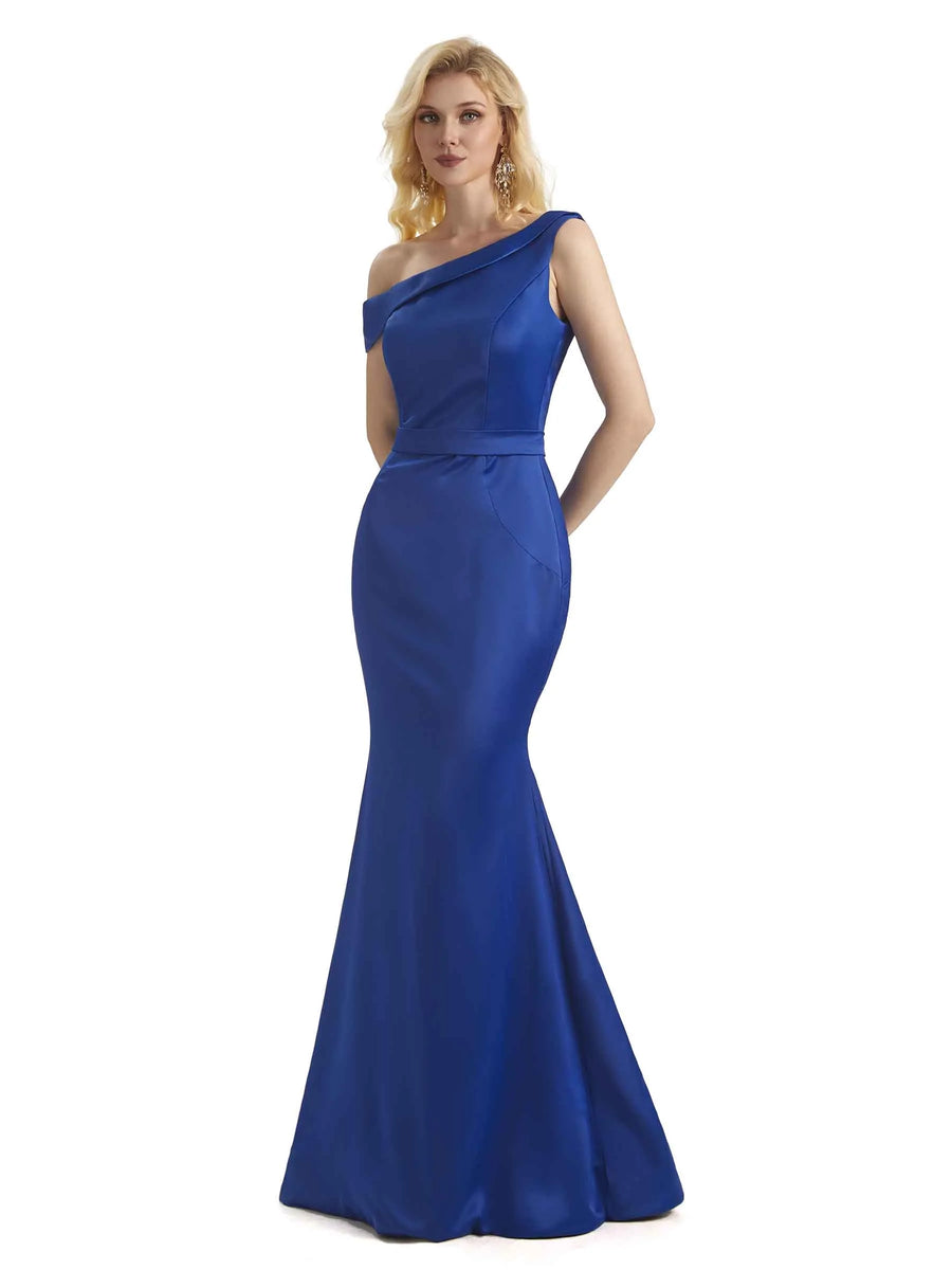 Elegant One Shoulder Soft Satin Long Mermaid Formal Prom Dresses