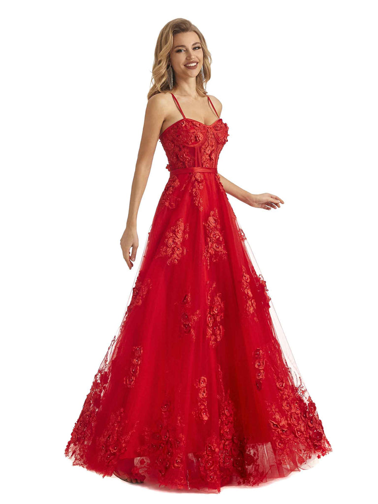 Red Lace A-line Applique Spaghetti Straps Floor-length Long Graduation Prom Dresses