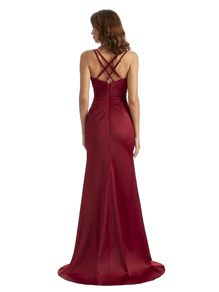 Sexy Side Slit Mermaid Satin Spaghetti Straps Unique Wedding Clothes For Women