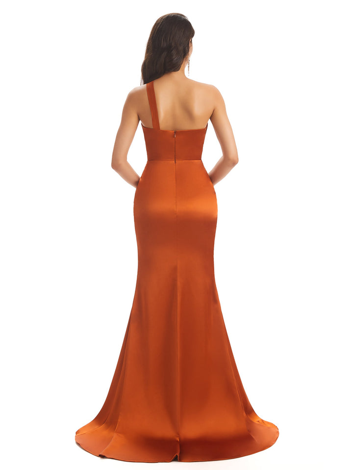 Sexy Soft Satin Side Slit One Shoulder Long Mermaid Satin Wedding Guest Dresses