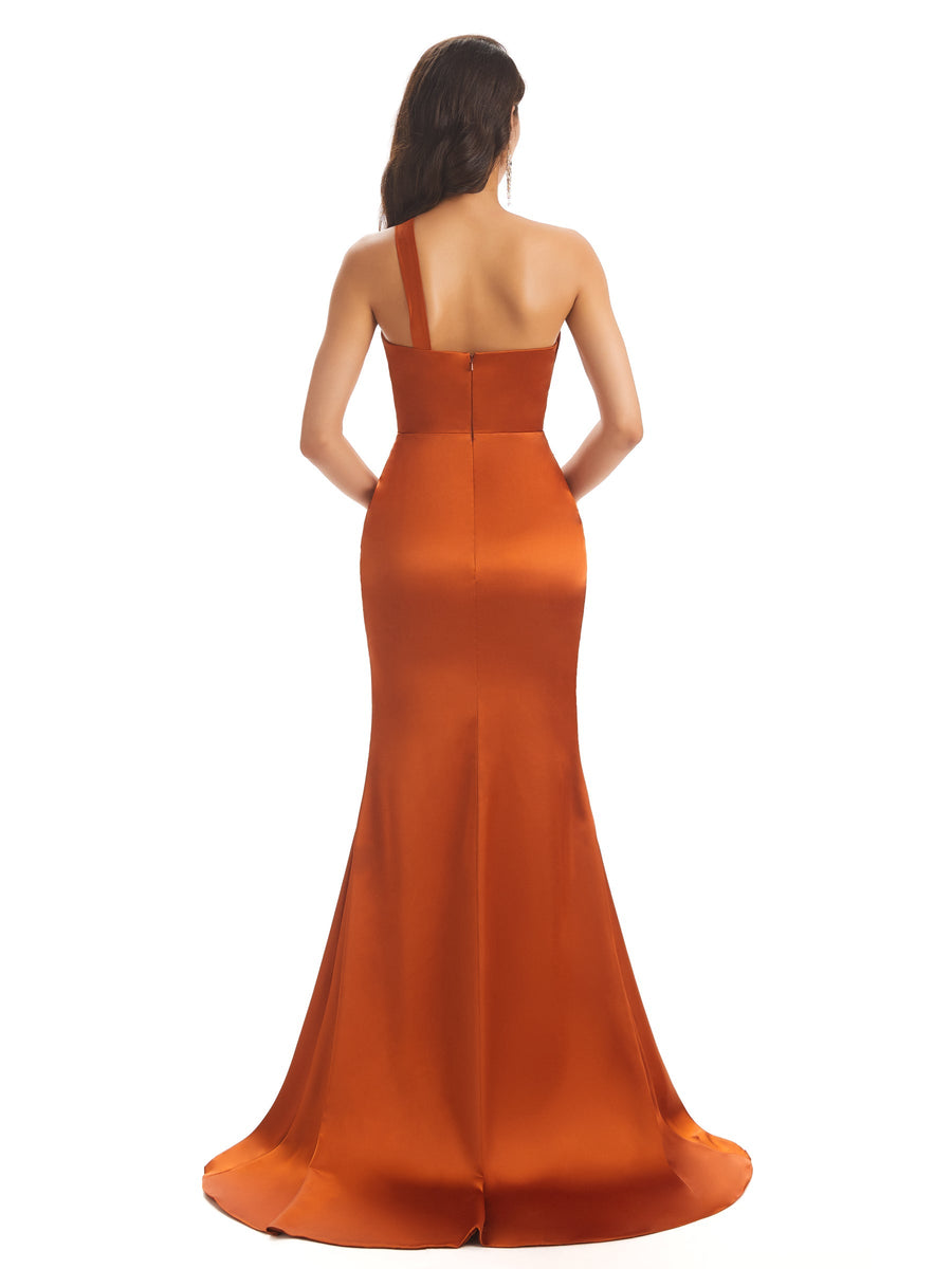 Sexy Soft Satin Side Slit One Shoulder Long Maxi Mermaid Bridesmaid Dresses
