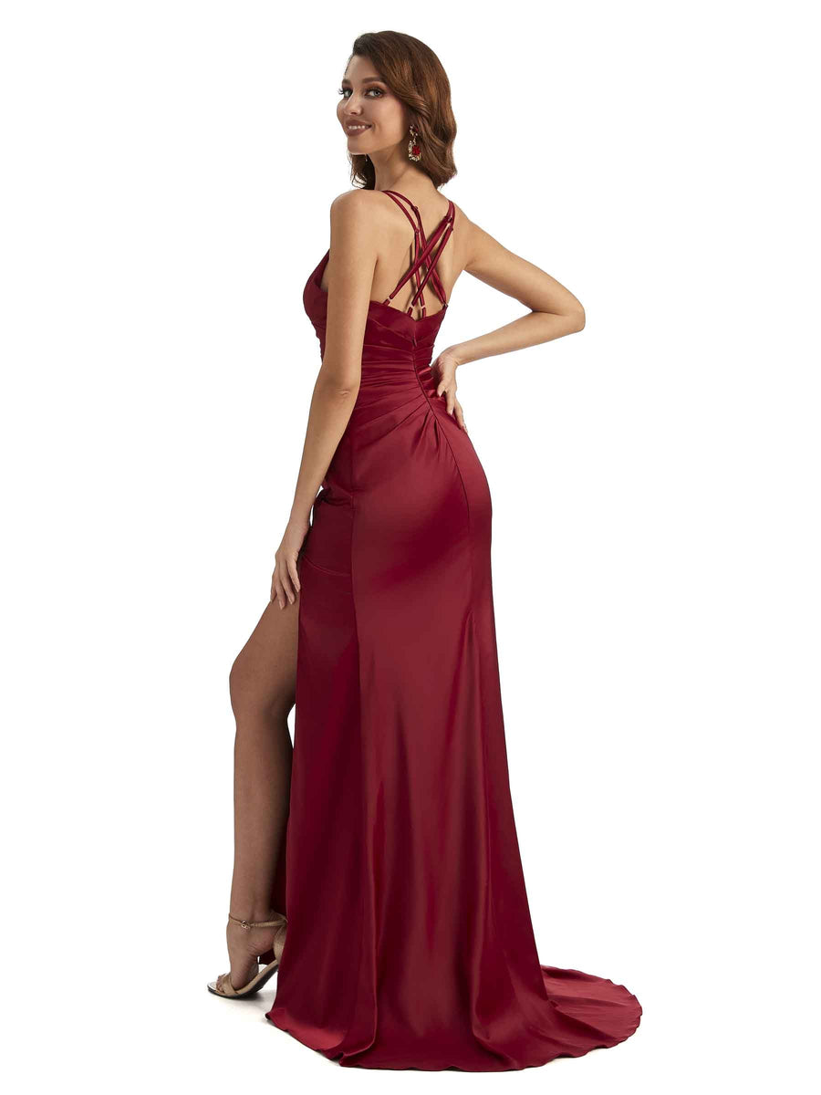 Sexy Side Slit Mermaid Satin Spaghetti Straps Unique Wedding Clothes For Women