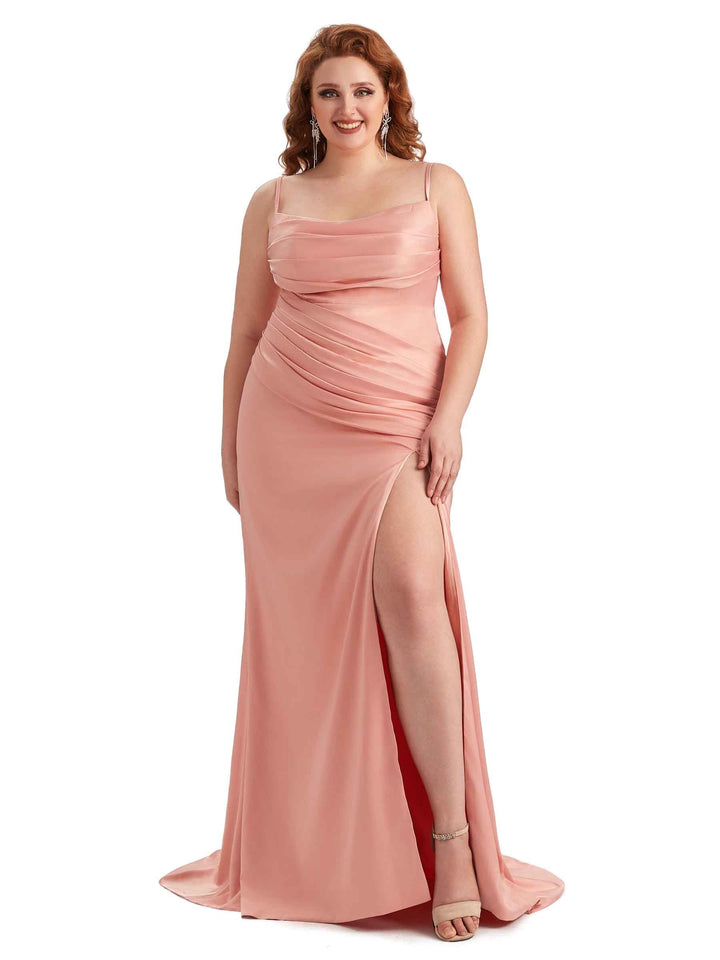 Plus Size Sexy Side Slit Mermaid Soft Satin Long Bridesmaid Dress For Wedding