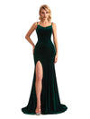 Elegant Mermaid Spaghetti Straps Side Slit Velvet Long Bridesmaid Dresses